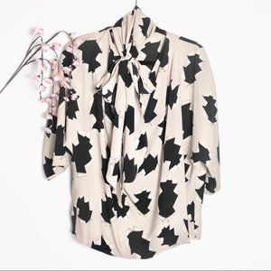 Diane Von Furstenberg Beige & Black Printed Cowl Neckline w/ Self Tie Top